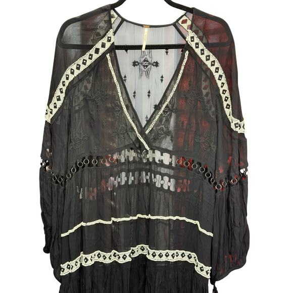Free People Dark Horse Black Sheer Boho Maxi Dress M Embroidered Cutout - Picture 8 of 10